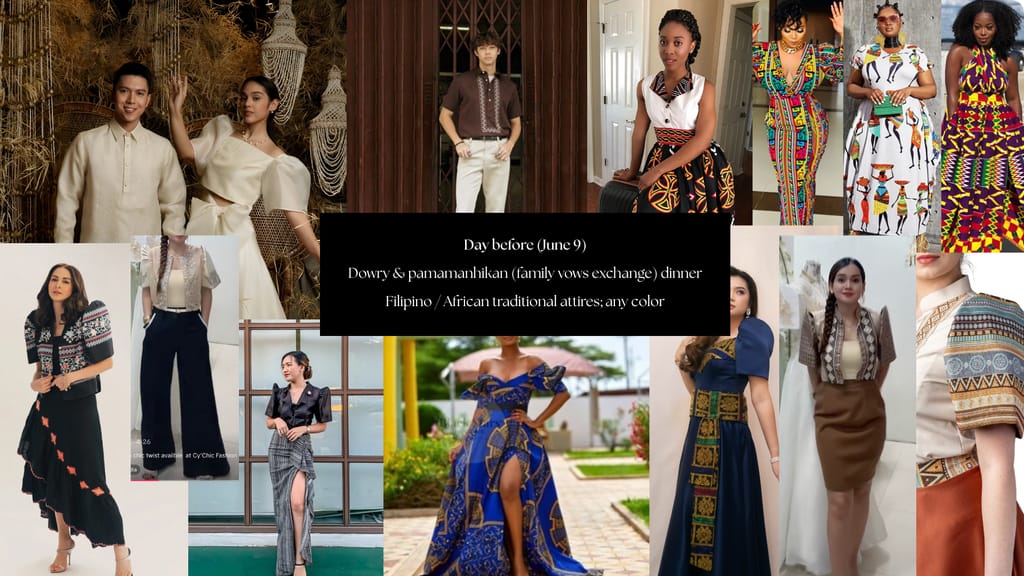 Day 1 attire inspiration - Filipino barong, African Kitenge, traditional dress