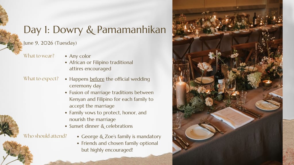 Day 1 details - Dowry & Pamamanhikan, June 9, smart casual, traditional attire encouraged