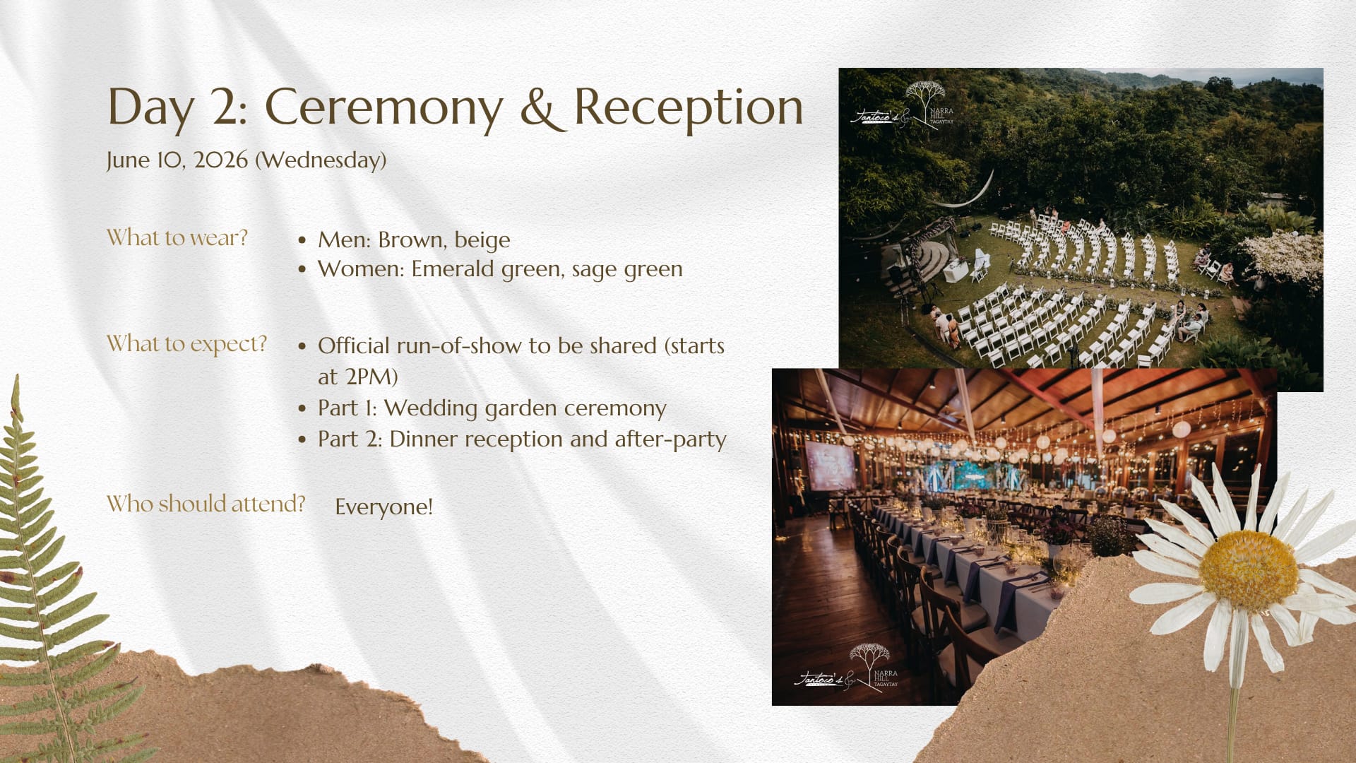 Day 2 overview - Ceremony & Reception, formal attire, colour palette
