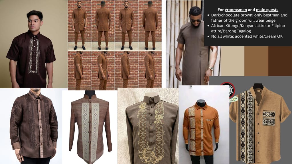 Groomsmen & male guests - dark chocolate brown Barong Tagalog, Kitenge shirts