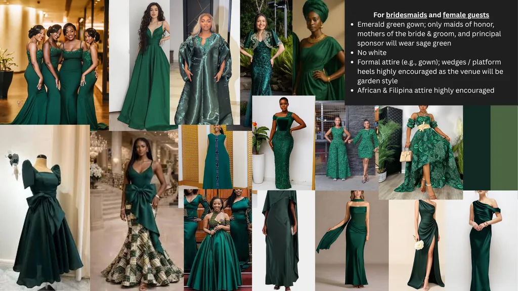 Emerald green gowns for bridesmaids and female guests