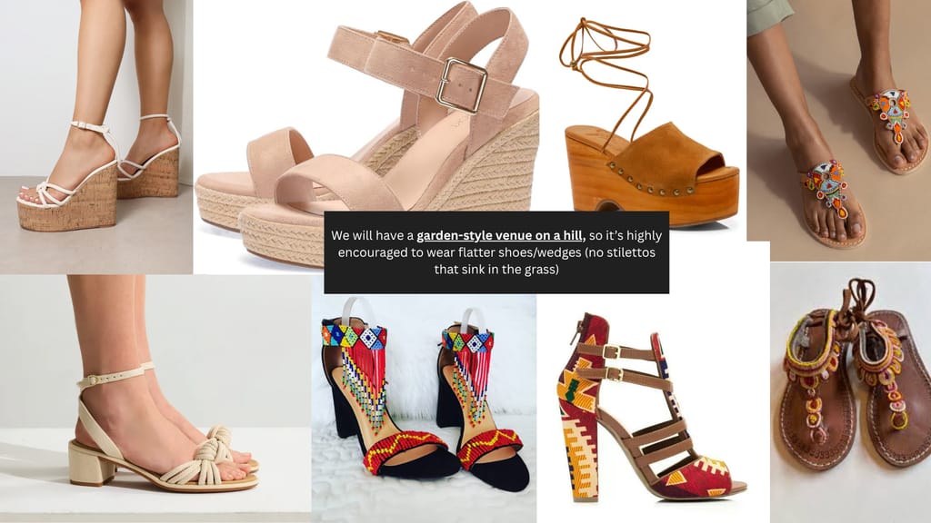 Recommended footwear - wedges, flats, sandals for garden hillside venue