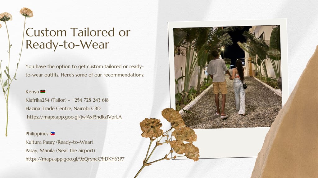Custom tailored or ready-to-wear options in Kenya and Philippines