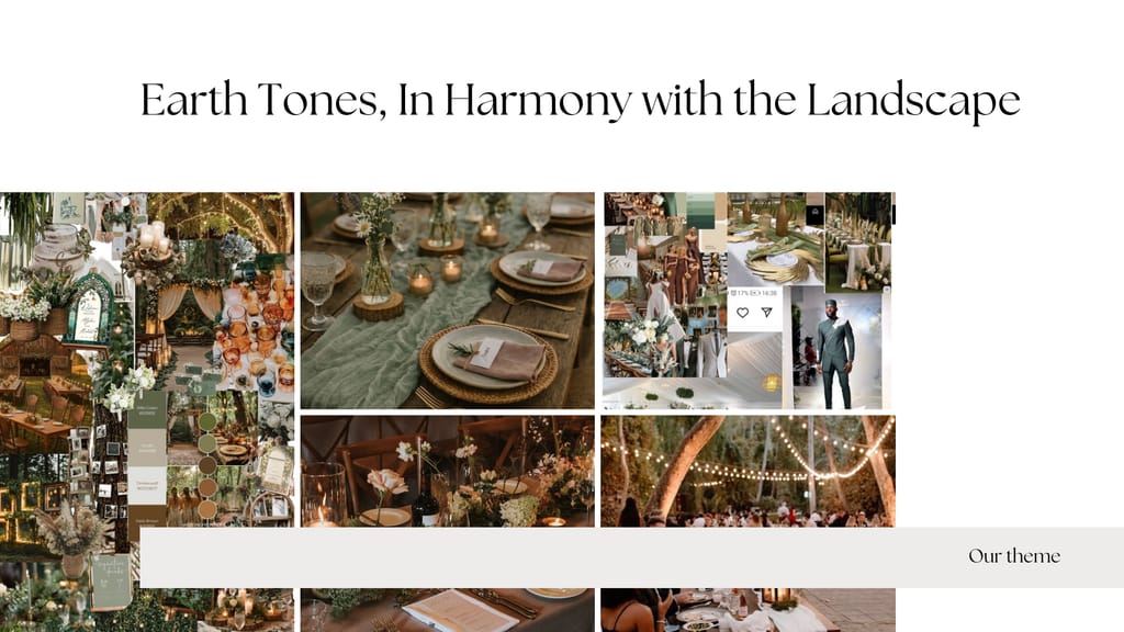Earth tones mood board — green and brown decor, candles, rustic table settings